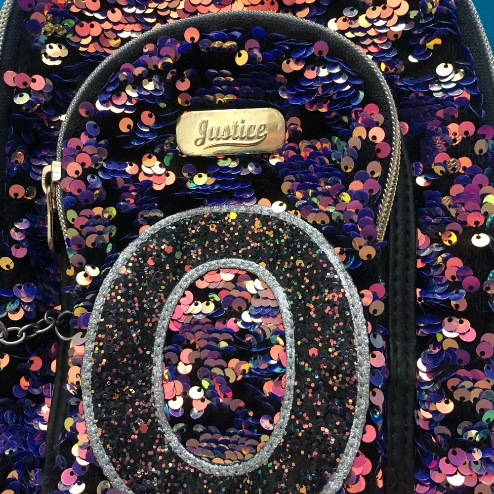 Girl’s Justice Sequin Backpack Letter O Purple Pink 2 Pockets Adjustable Straps